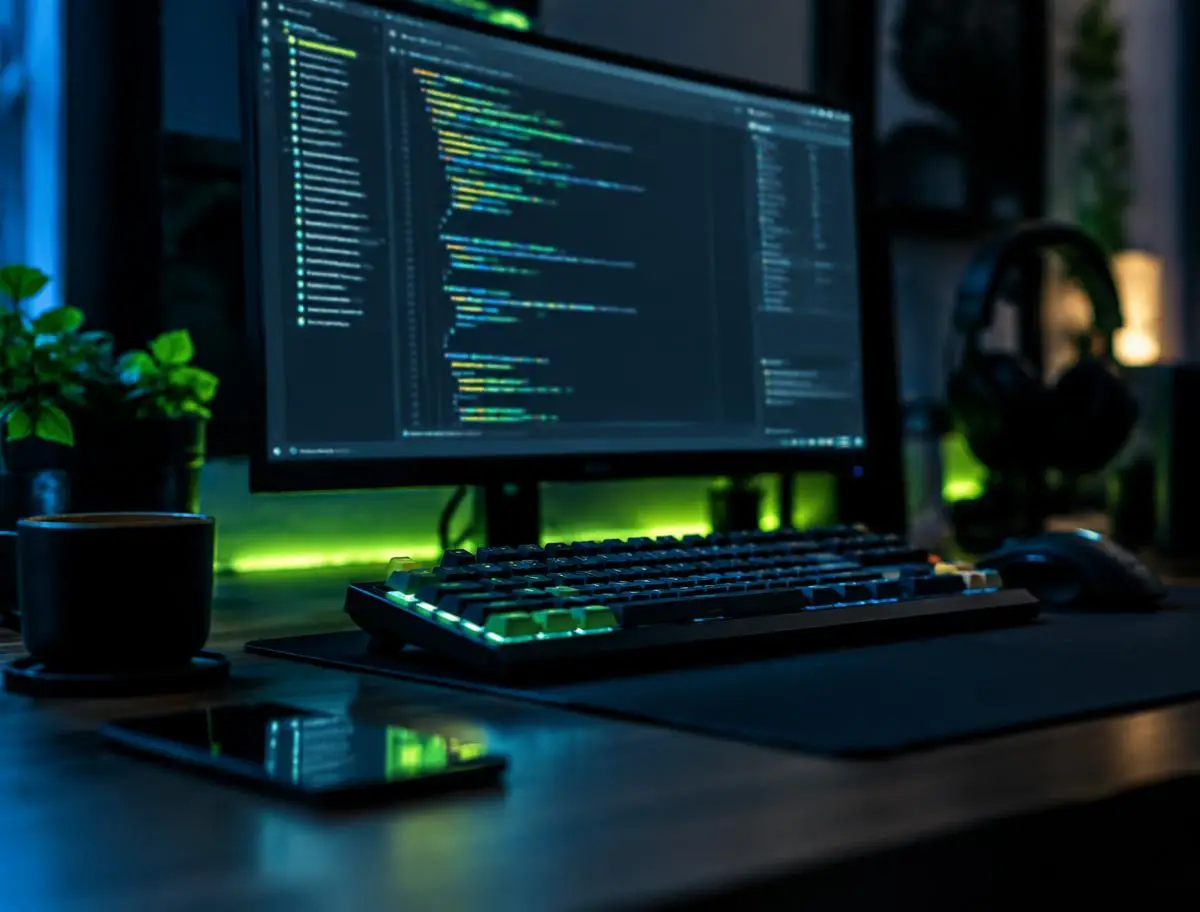 Developer desk at night with a code editor on a monitor and a backlit keyboard glowing green